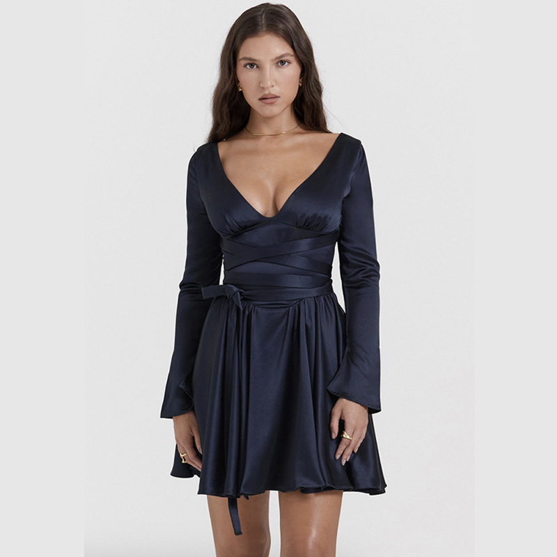 European And American Style Autumn And Winter Fashion V-neck Sexy Backless Lace Up Waist-tight Dress