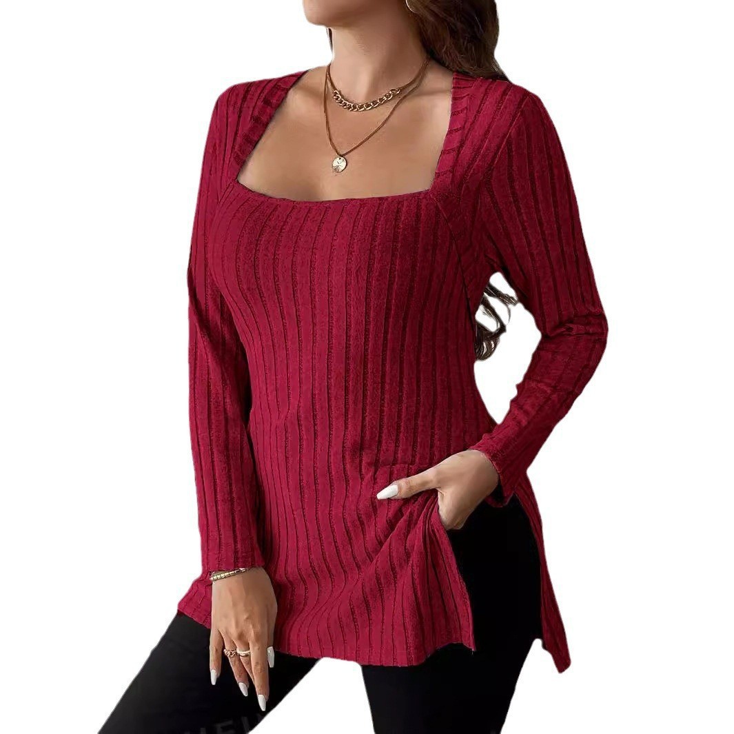 Rib Fabric Brushed Square Collar Long Sleeve Top Wine Red - Shop at LoveMi