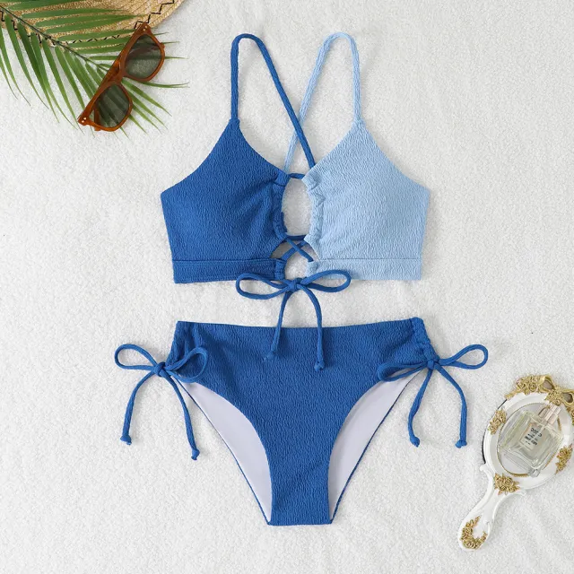 New Split Swimsuit Women's Contrast Color Sexy Cross Sling Hollow Bikini Blue - Shop at LoveMi