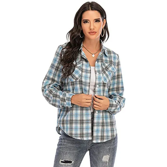 European And American Retro Plaid Women's Clothing All matching Lapel Long Sleeve Shirt Coat Blue And Gray - Shop at LoveMi