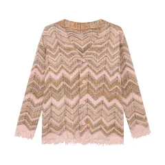 Retro Contrast Colour Sweater Wave Striped Knitted Cardigan Jacket - Pink - View 1