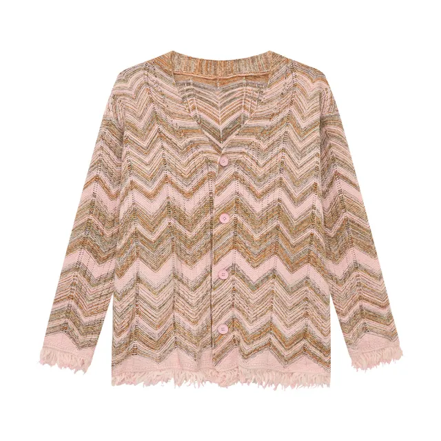 Retro Contrast Color Sweater Wave Striped Knitted Cardigan Jacket Pink - Shop at LoveMi