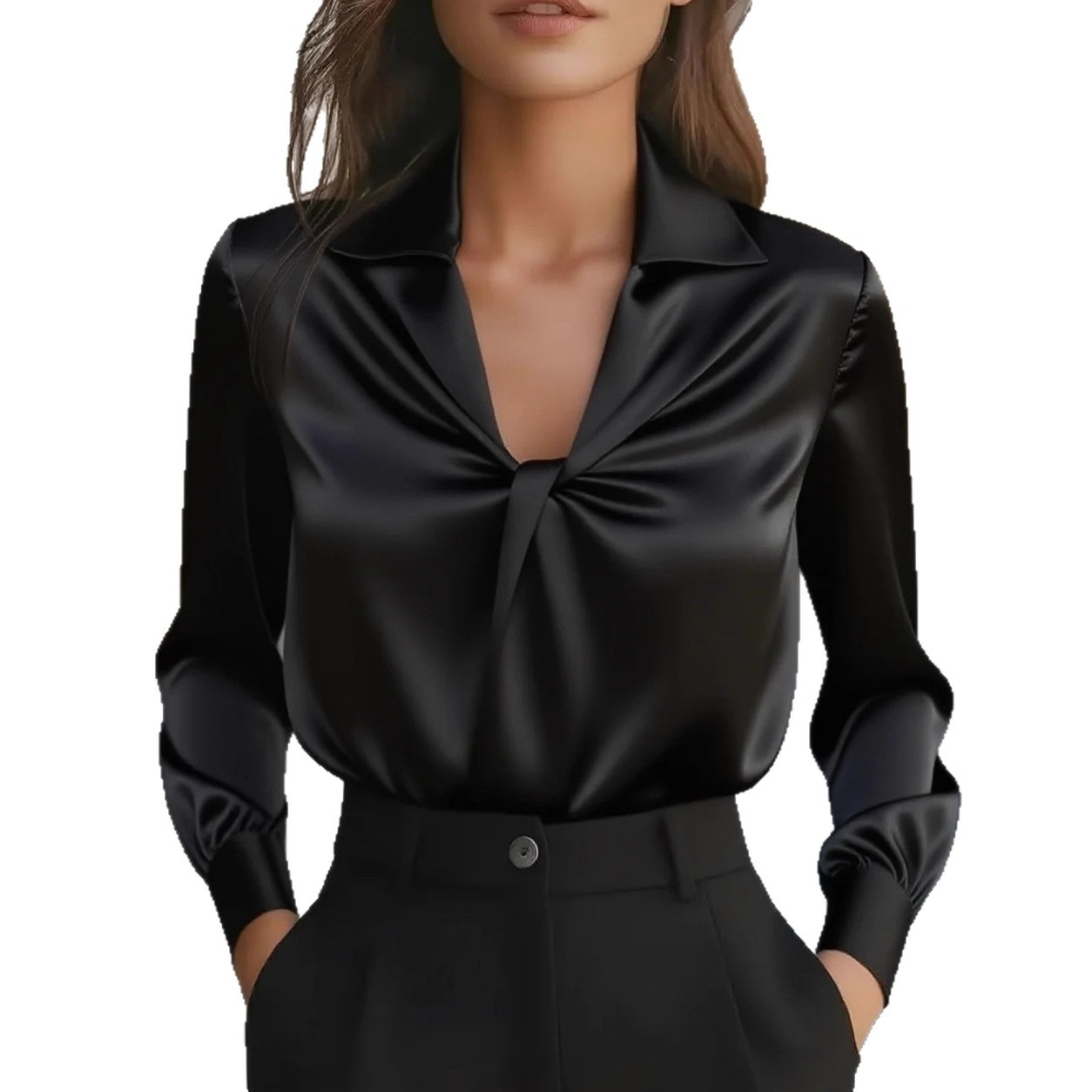 Autumn Fashion Temperament Solid Color Satin Pleated Long Sleeve Shirt Women - Image 7
