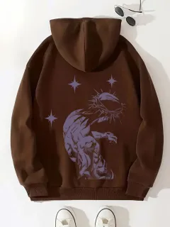 Women's Brushed Hoody Plain Letter Jesus Print - Brown - View 1