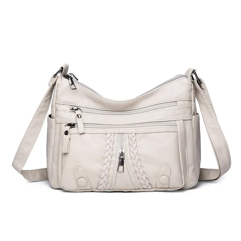 New Large Capacity Multi-compartment Washed Leather Bag - Beige