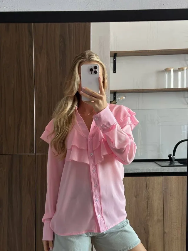 Casual Lotus Leaf V neck Chiffon Women Temperament Shirt Pink - Shop at LoveMi