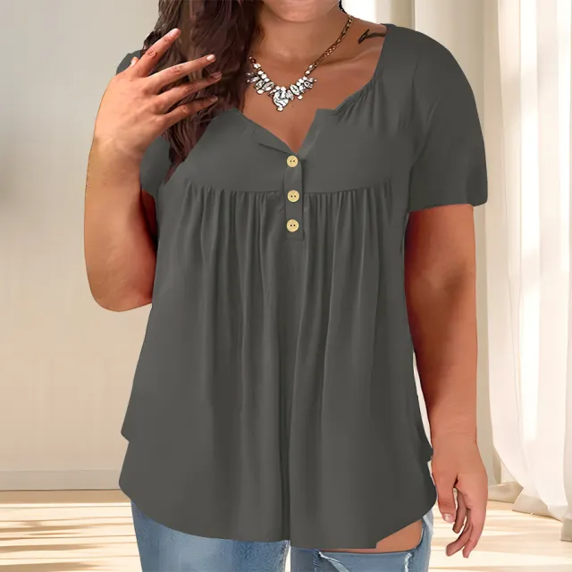 Plus size Womens Solid color Button up Loose T shirt Gray - Shop at LoveMi