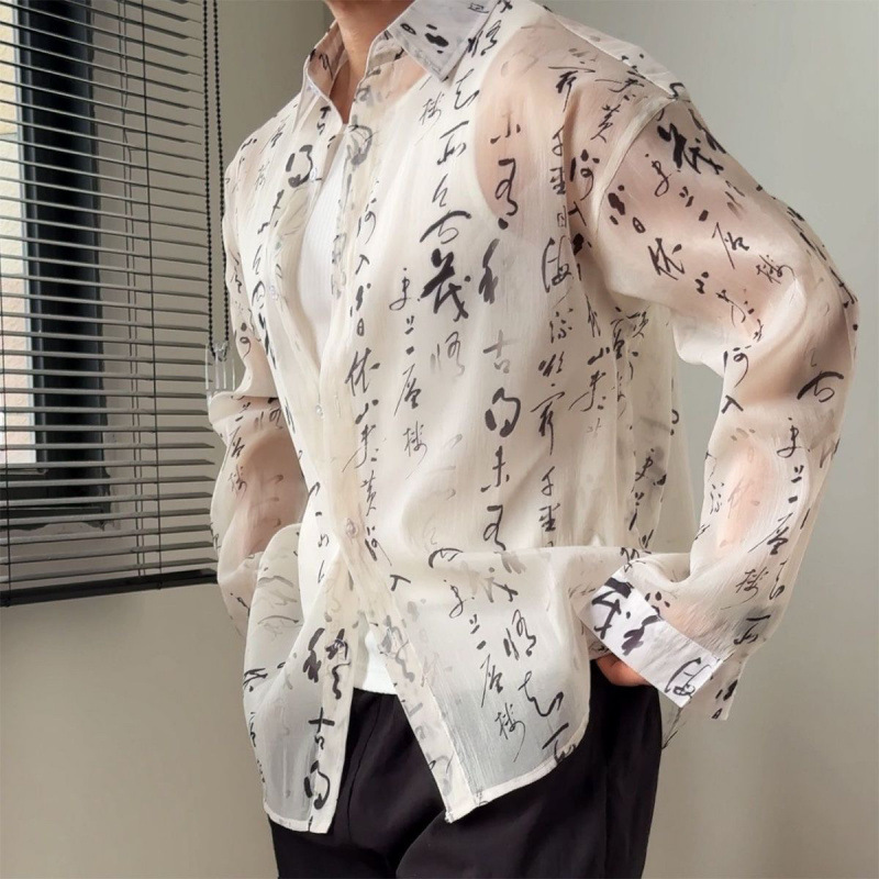 Chinese-style Calligraphy And Ink-wash Design Sheer Fabric Slim-fit Edgy Yet Casual Mens Shirt