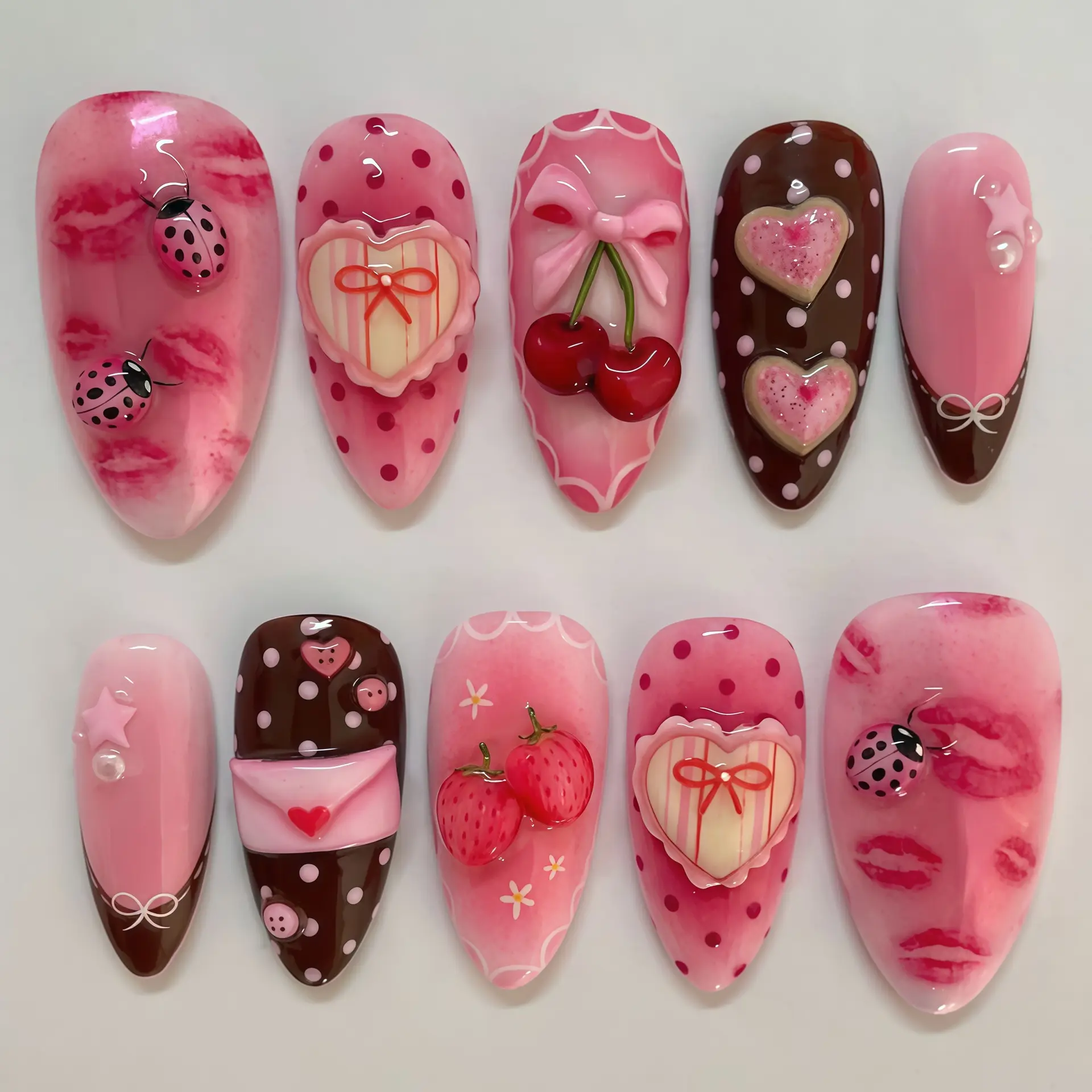 Sweet Heart-Shaped Strawberry Polka-Dot Envelope Wearable Nail