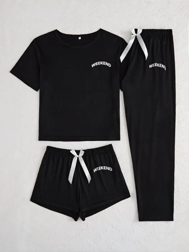 Homewear Pajamas For Women Lettered Black Three piece Suit Red - Shop at LoveMi