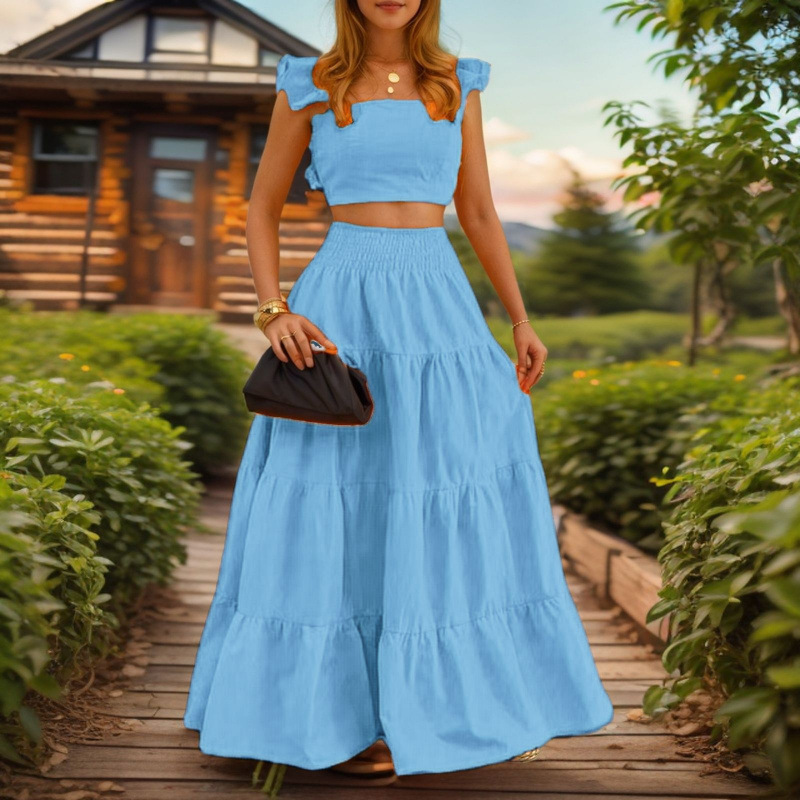 Chic Sexy Solid-color Mid-rise Slip Dress With A Flared Skirttwo-piece Set