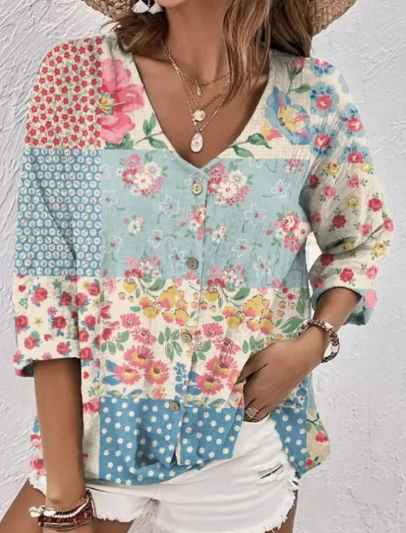 Women's Casual Printed V neck Long Sleeve Top E Xxs - Shop at LoveMi