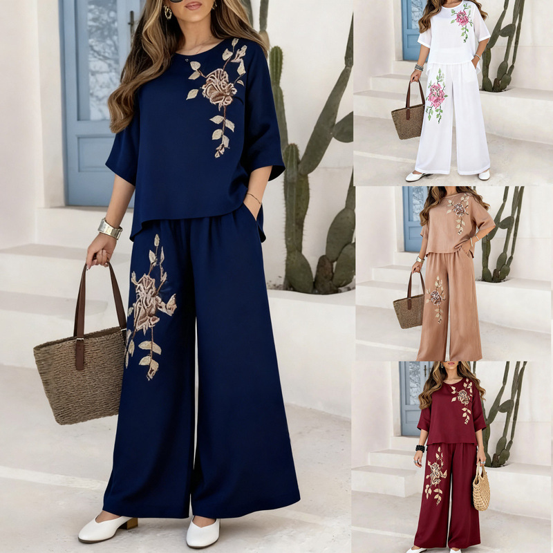 Retro Embroidered Top And Pants Set For Women — image 1