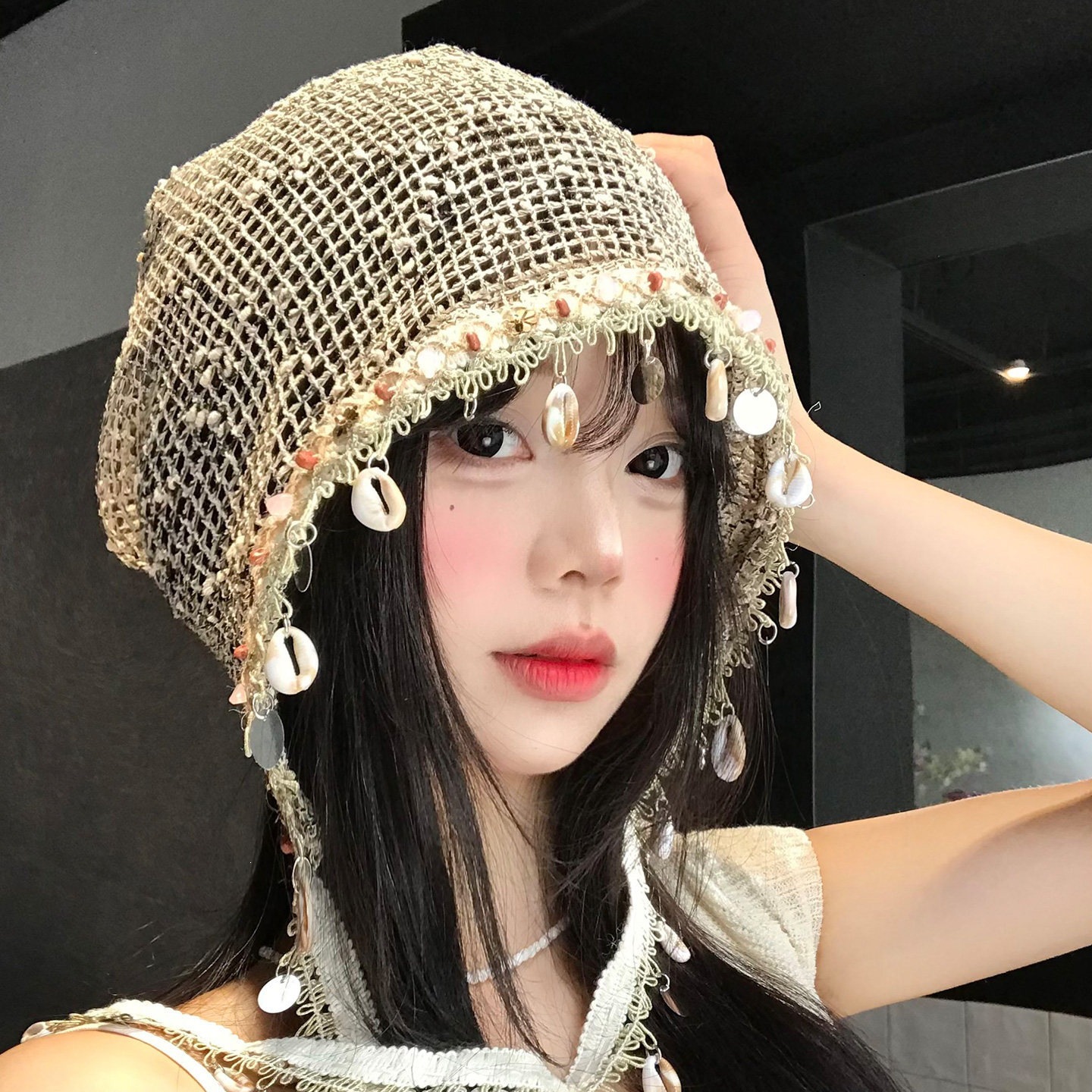 Shell-shaped Tassel Hollowed-out Headwrap Hat For Women