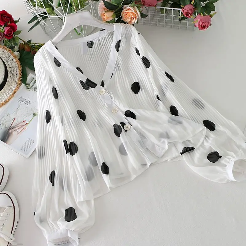 V-neck Pleated Polka Dot Sun Protection Shirt For Women - White