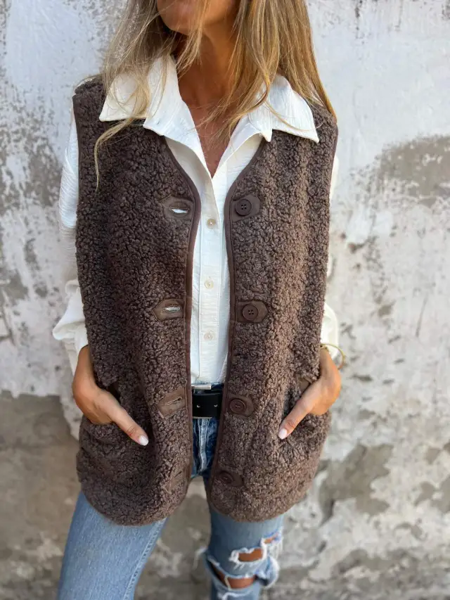 Lambswool Fleece Button Jacket Vest Coat Brown - Shop at LoveMi