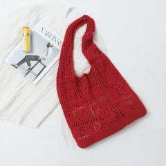 Mesh Hollow Out Simple Woven Bag Girls' Shoulder Bag - Red - View 1