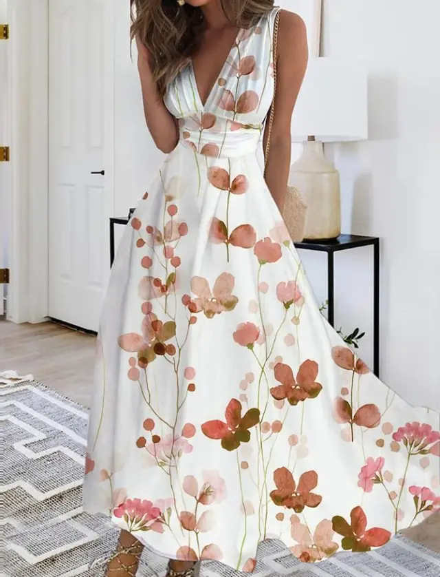Printed V neck Loose Plain Elegant Dress Pink - Shop at LoveMi