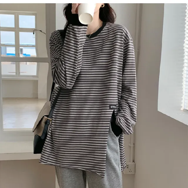 Autumn And Winter Dralon Striped Long Sleeves Gray - Shop at LoveMi