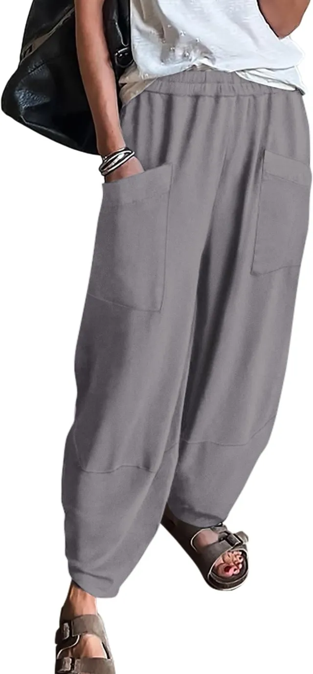 Women's Elastic Waist Loose Pockets Trousers Gray - Shop at LoveMi