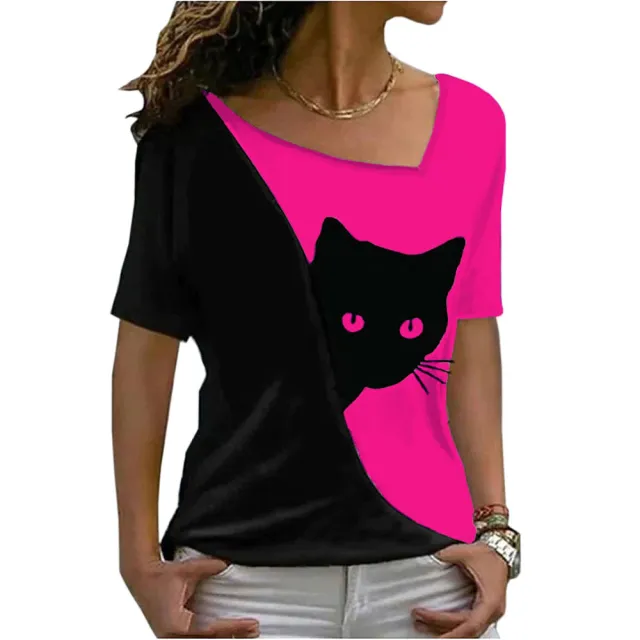 Women's Cat Printing Top Short Sleeve Rose Red - Shop at LoveMi