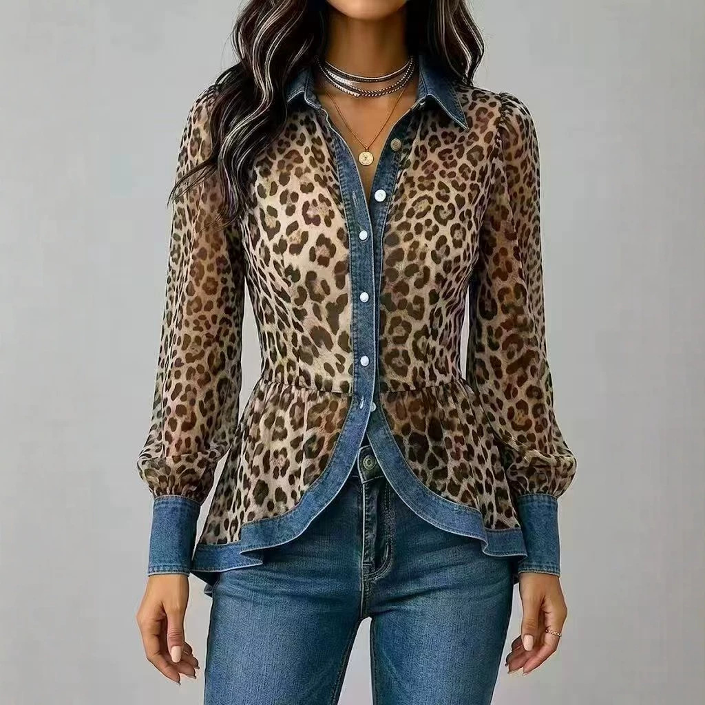New Womens Leopard-Print Patchwork Denim Long-Sleeve Shirt