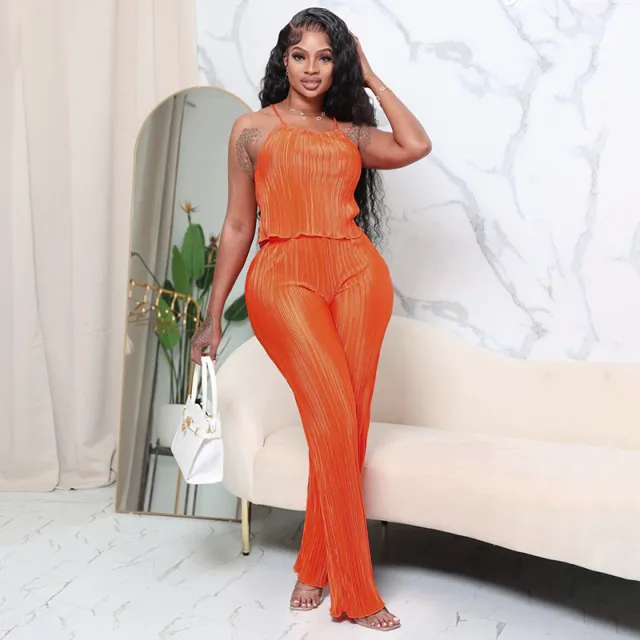 Summer New Pleated Solid Color Sling Top Wide Leg Trousers Casual Suit Orange - Shop at LoveMi