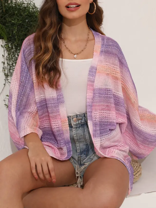 Polyester Women's Casual Loose Cardigan Sweater Hollow Tie dye Sweater Purple Pink - Shop at LoveMi
