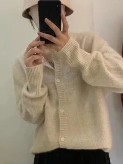 Autumn And Winter Cashmere Cardigan For Women Round Neck Thickened Knitted - Beige - View 1