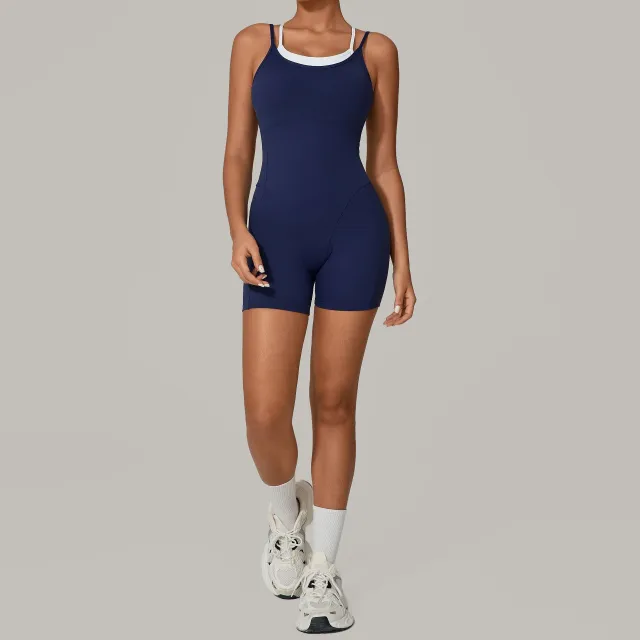 Autumn Sand Fake Two piece Contrast Color Sling Sports Jumpsuit Blue - Shop at LoveMi
