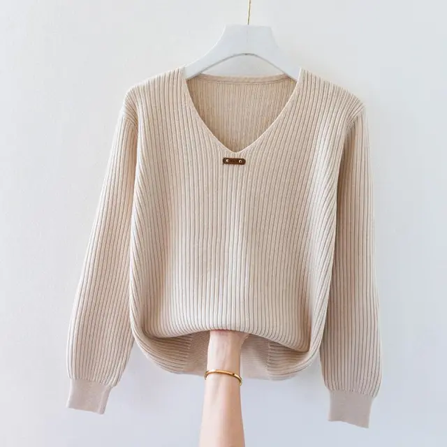 V neck Jersey Women's Long Sleeve Loose Sweater Light Creamy White - Shop at LoveMi
