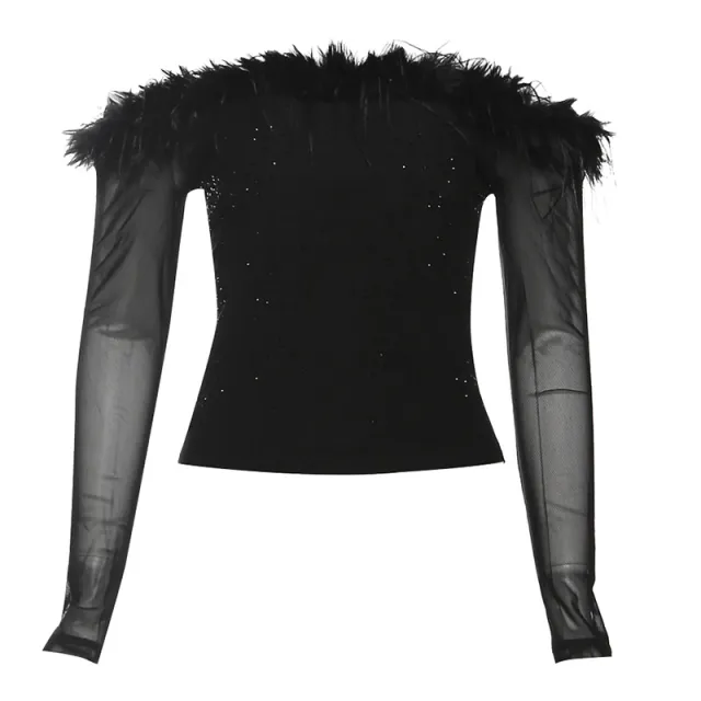 Fashion Off neck Stitching Edging Long Sleeve Women Black - Shop at LoveMi