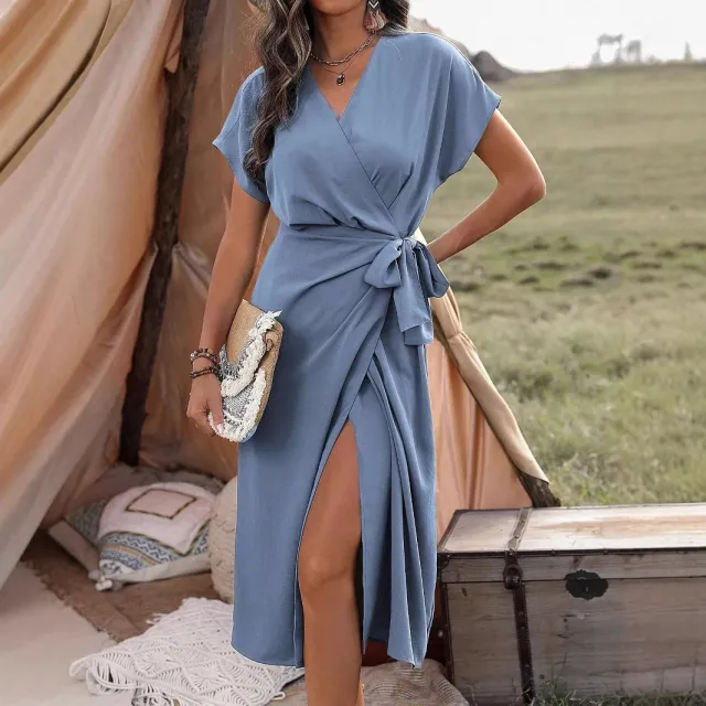Commuting Fashion Forged Split Women's Solid Color Wrap Suspender Dress Sky Blue - Shop at LoveMi