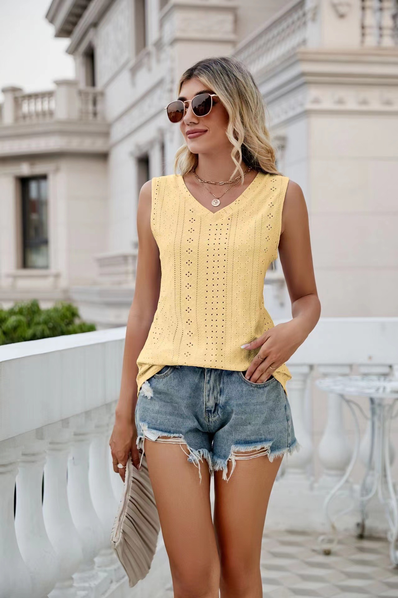 V neck Vest Hole Hollow out Sleeveless Top Yellow - Shop at LoveMi