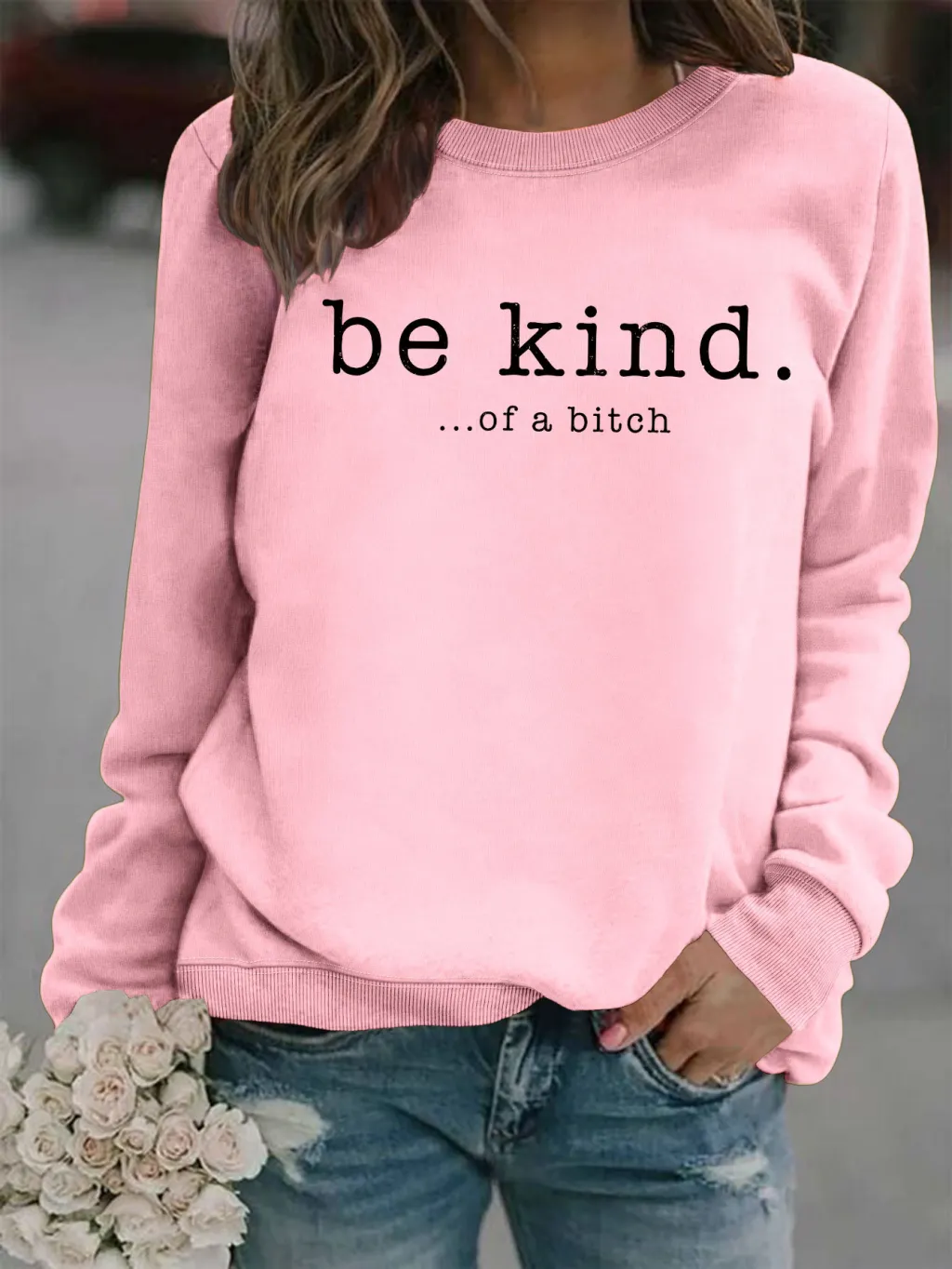 Ladies' Fashionable Round Neck Printed Hoodie - Pink