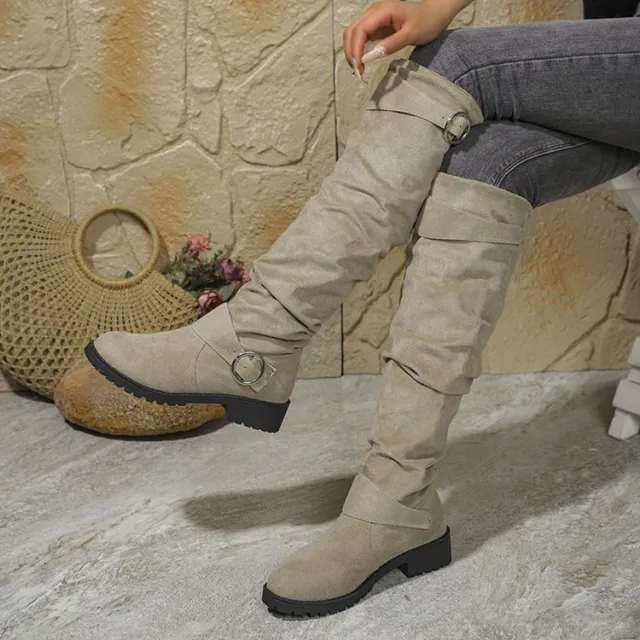 Winter Pleated Buckle High top Large Size Riding Boots Beige - Shop at LoveMi