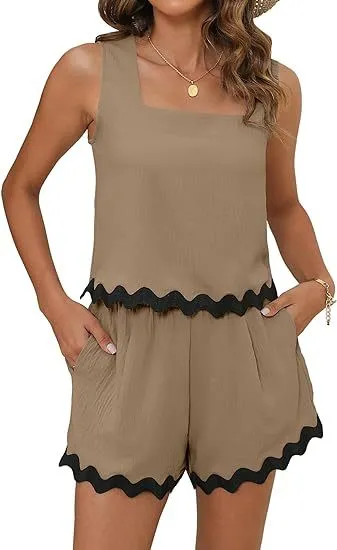 Fashion Casual Corrugated Lace Sleeveless Shorts Suit Dark Khaki Cloth Color - Shop at LoveMi