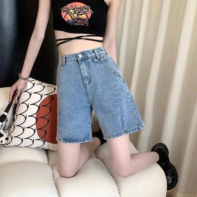 Summer Korean Style Plus Size High Waist Slit Denim Shorts For Women Light Blue - Shop at LoveMi