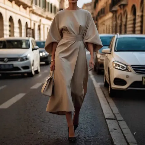 Loose Batwing Sleeve Dress Fashion Waist-tighted Solid Color Elegant