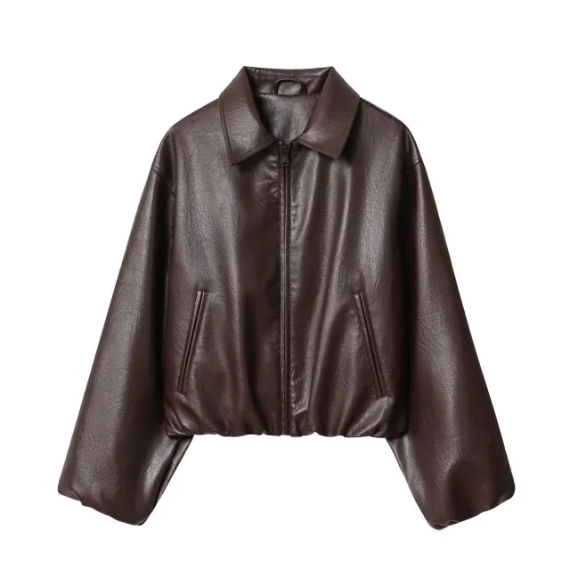 Lapel Long Sleeve PU Zipper Jacket Baseball Uniform Jacket Brown - Shop at LoveMi