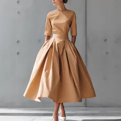 Fashionable Casual Elegant Personality Design Three-quarter Sleeve A-line Solid Color Dress - Chocolate - View 1
