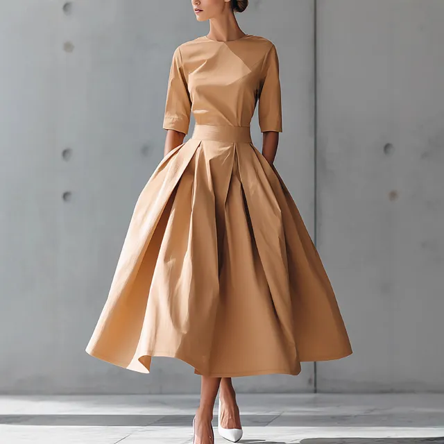 Fashionable Casual Elegant Personality Design Three quarter Sleeve A line Solid Color Dress Chocolate - Shop at LoveMi
