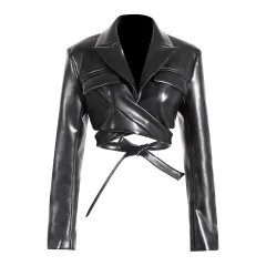 Full Open Cross Lace-up Waist-controlled Chest-flattering Long Sleeve PU Leather Short Coat - Black - View 1
