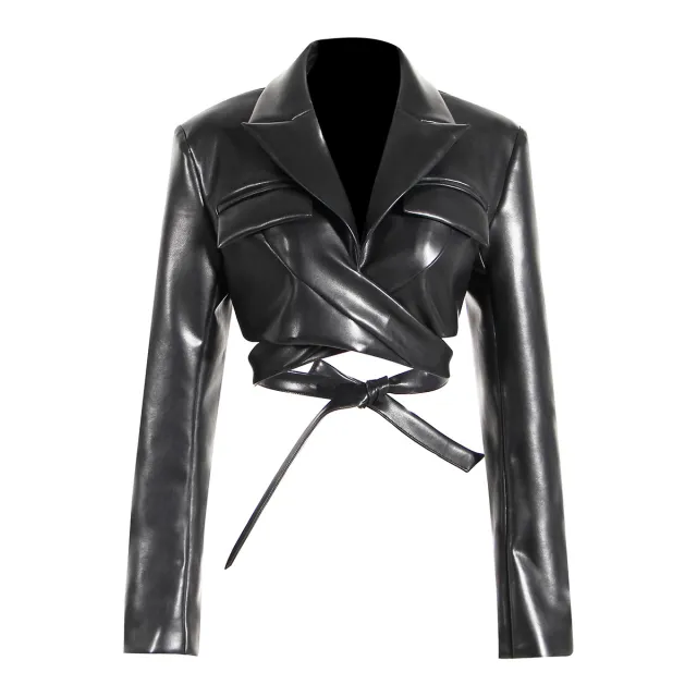 Full Open Cross Lace up Waist controlled Chest flattering Long Sleeve PU Leather Short Coat Black - Shop at LoveMi