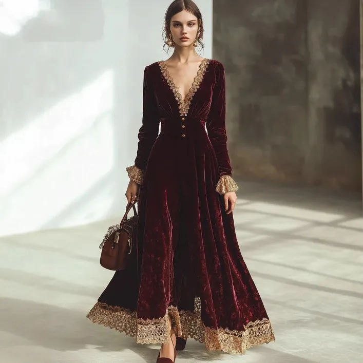 Vintage Red Velvet Lace V-neck Long-sleeve Maxi Dress - Red