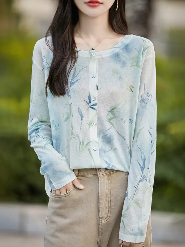 Wool Round Neck Knitted Cardigan Thin Blue - Shop at LoveMi