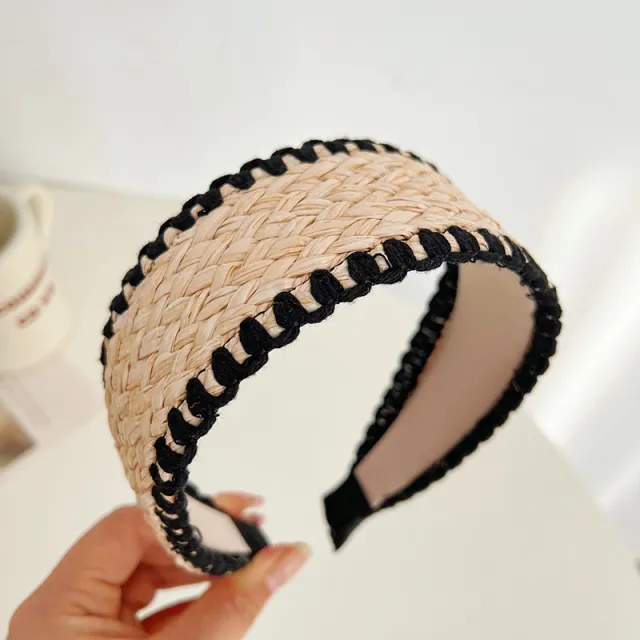 Bamboo Woven Wide Brim Hair Band Bohemian Straw Woven Head Black Woven Wide Edge - Shop at LoveMi