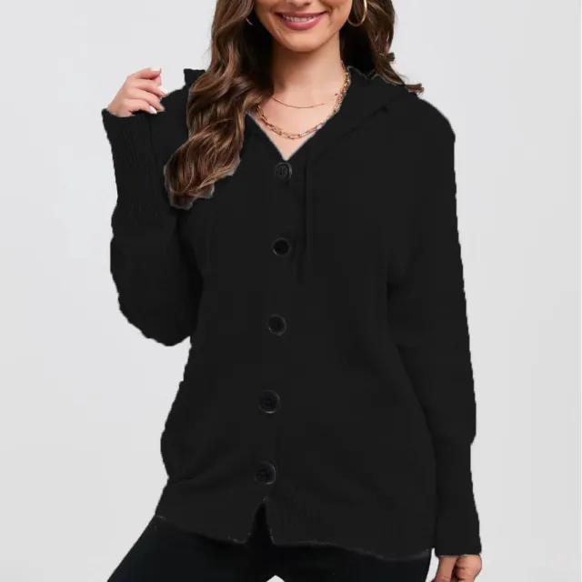 Women's Solid Color Hooded Single breasted Sweater Black - Shop at LoveMi