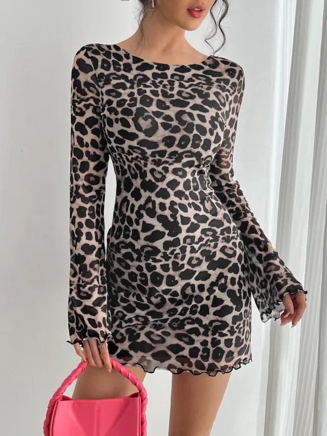 Women's Sexy Leopard Print Backless Flare Sleeve Mesh Dress Khaki - Shop at LoveMi