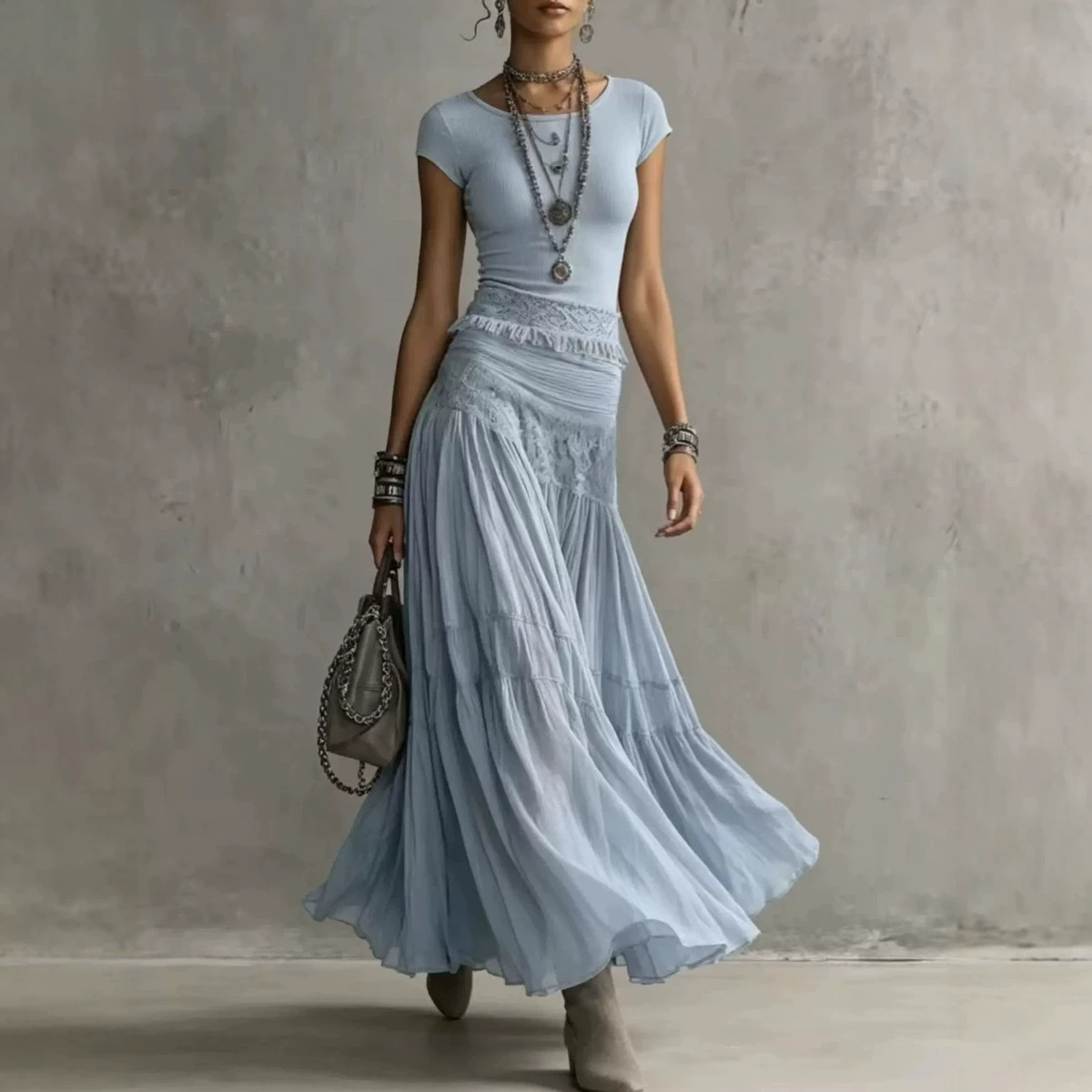 Fashionable And Flowing Knit Top With A Chiffon Long Skirt Set 2
